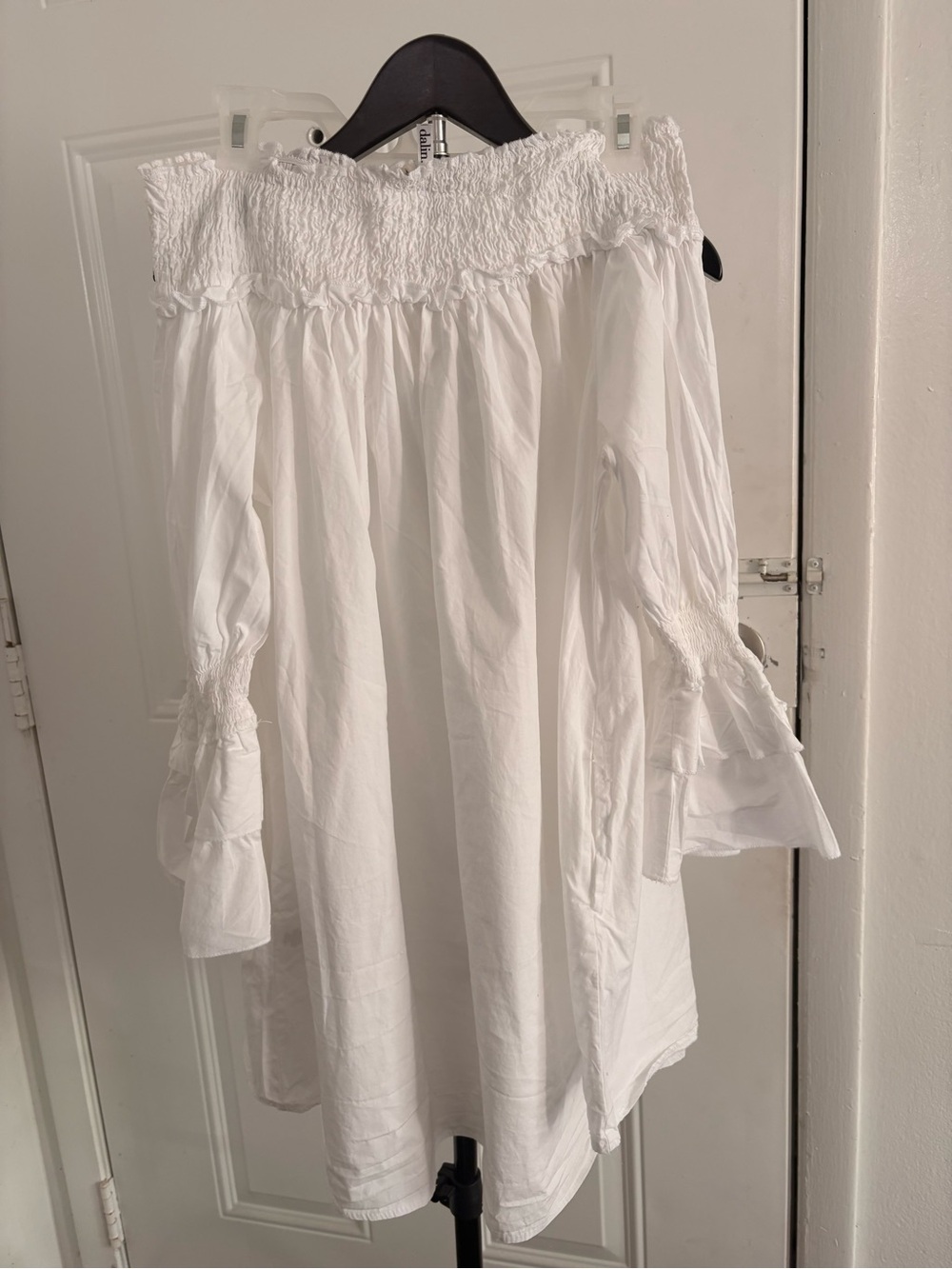 White Off-Shoulder Mini Dress with Smocked Neckline